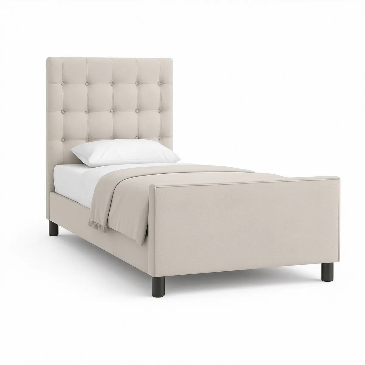 Polstret enkeltseng med knapstikning, 90 x 200 cm, beige/sort