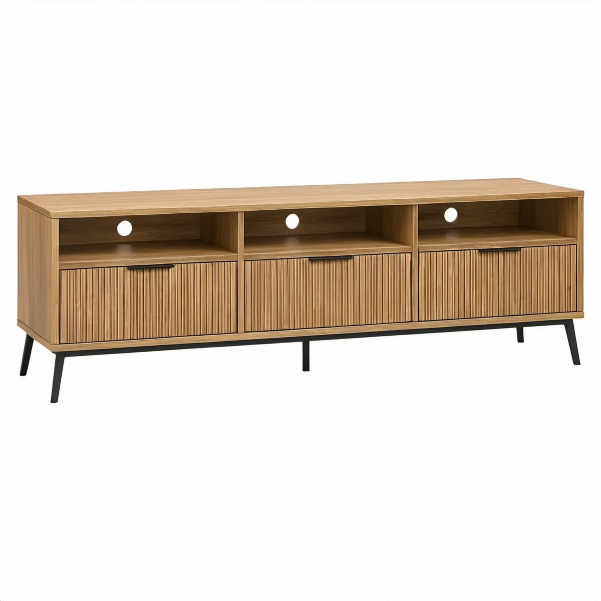 TV-bænk i naturfarvet eg og sort med 3 låger og kabelhuller, 180 x 40 x 60 cm