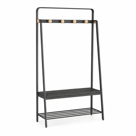 Fritstående garderobestativ med 6 knager, hylde og skostativ, 80 x 40 x 180 cm, sort/natur